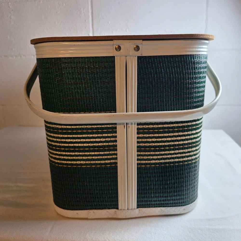 Vintage Redmon Woven Vinyl Picnic Basket Green Striped Retro MCM